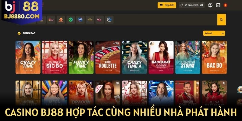 Sảnh casino BJ88 hợp tác cùng nhiều nhà phát hành uy tín